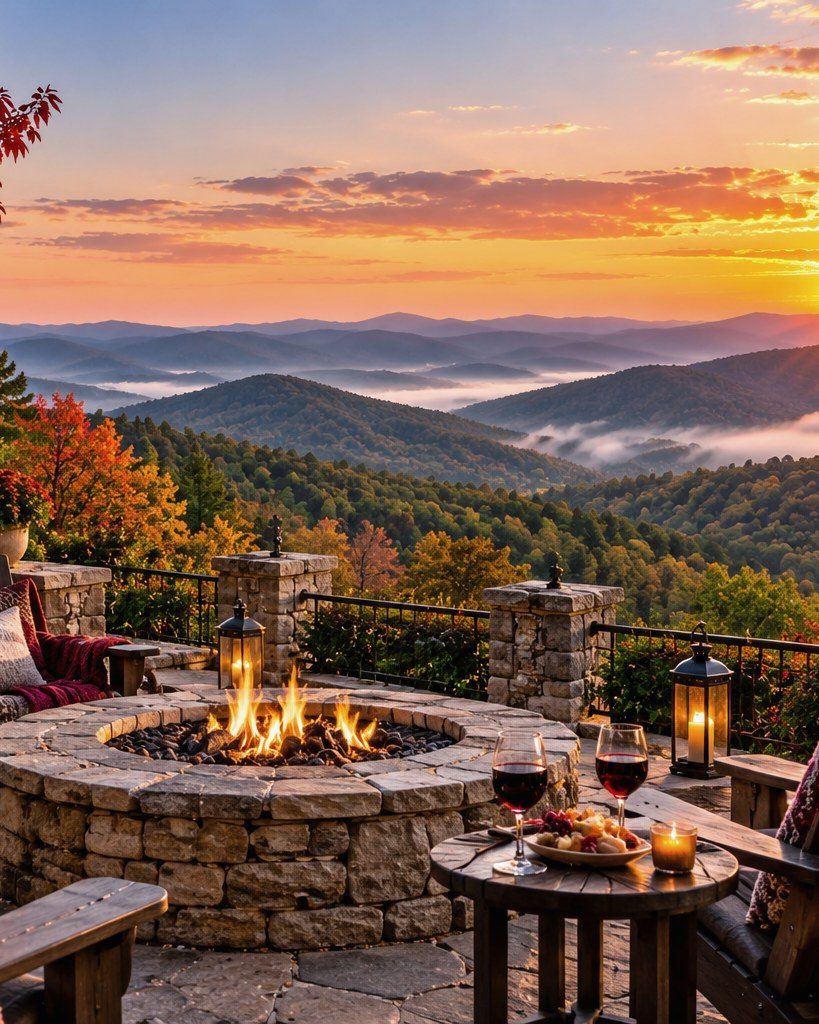 Fire pit and red wine on a stone terrace overlooking the misty Blue Ridge at sunset