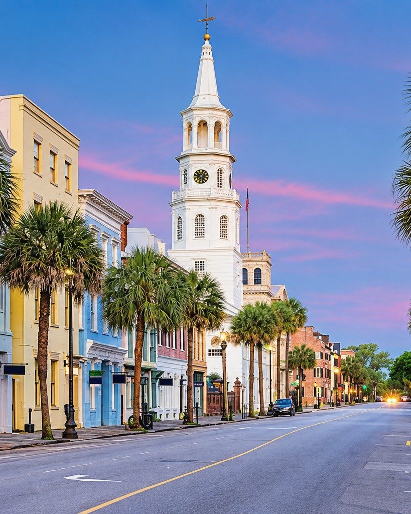 Palm-lined Charleston street with the St. Michael's steeple at dusk