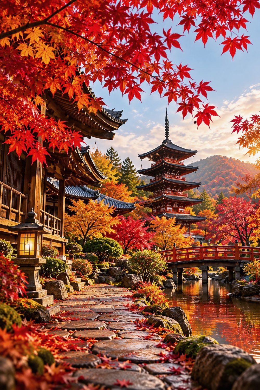 Kyoto pagoda framed by autumn maples beside a red bridge
