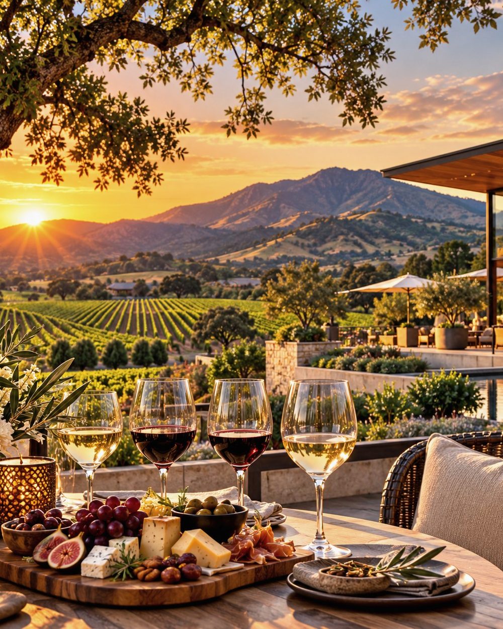 Wine and a cheese board under an oak tree, overlooking Napa vineyards at sunset