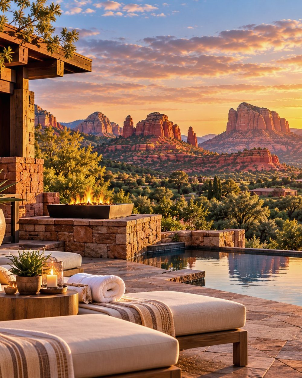 Spa lounger, fire pit and pool facing Sedona red rocks at sunset